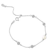 Pearl Sterling Silver Bracelets, 925 Sterling Silver, with Freshwater Pearl, platinum plated, Korean style & oval chain & for woman & with rhinestone, 6mm Approx 7.48 Inch 