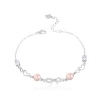 Pearl Sterling Silver Bracelets, 925 Sterling Silver, with Freshwater Pearl, with 1.18inch extender chain, Bowknot, platinum plated, oval chain & for woman & with rhinestone & hollow 6mm Approx 6.69 Inch 