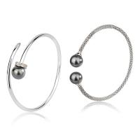 925 Sterling Silver Cuff Bangle, with Shell Pearl, platinum plated & for woman & with rhinestone, 10mm 