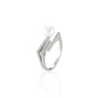 925 Sterling Silver Cuff Finger Ring, with Freshwater Pearl, platinum plated, adjustable & for woman & with rhinestone 8.4mm, 6.5mm, US Ring 