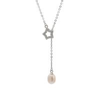 Sterling Silver Pearl Necklace, 925 Sterling Silver, with Freshwater Pearl, with 1.96inch extender chain, Star, plated, oval chain & for woman & with rhinestone 7mm Approx 15.74 Inch 