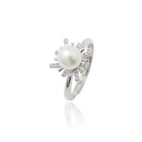 Pearl Sterling Silver Finger Ring, 925 Sterling Silver, with Freshwater Pearl, platinum plated, adjustable & for woman & with rhinestone, 10.8mm, 2.2mm, 7mm, US Ring 