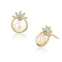 Freshwater Pearl Stud Earring, 925 Sterling Silver, with Freshwater Pearl, plated, for woman & with rhinestone & hollow 6mm 