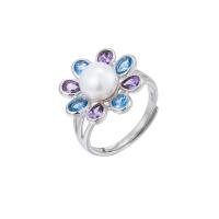 Pearl Sterling Silver Finger Ring, 925 Sterling Silver, with Freshwater Pearl, Flower, platinum plated, adjustable & for woman & with rhinestone 17mm, 8.5mm, US Ring 