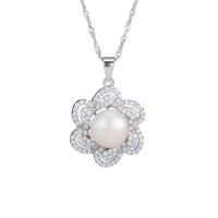 Sterling Silver Pearl Necklace, 925 Sterling Silver, with Freshwater Pearl, with 1.96inch extender chain, Flower, platinum plated, wave chain & for woman & with rhinestone 10mm Approx 15.74 Inch 