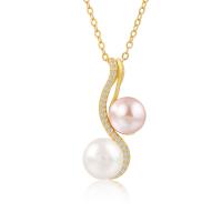 Sterling Silver Pearl Necklace, 925 Sterling Silver, with Freshwater Pearl, with 1.96inch extender chain, plated, oval chain & for woman & with rhinestone 8mm, 7.5mm Approx 17.7 Inch 