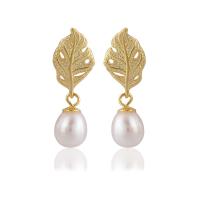 Sterling Silver Pearl Drop Earring, 925 Sterling Silver, with Freshwater Pearl, Leaf, plated, for woman & hollow 7mm 