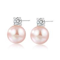 Freshwater Pearl Stud Earring, 925 Sterling Silver, with Freshwater Pearl, Round, platinum plated, for woman & with rhinestone 