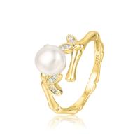 Pearl Sterling Silver Finger Ring, 925 Sterling Silver, with Freshwater Pearl, Leaf, plated, adjustable & for woman & with rhinestone 9.6mm, 6.5mm, US Ring 