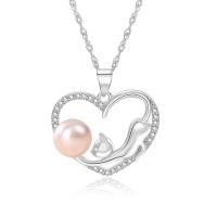 Sterling Silver Pearl Necklace, 925 Sterling Silver, with Freshwater Pearl, with 1.96inch extender chain, Heart, platinum plated, wave chain & for woman & with rhinestone & hollow 7.5mm Approx 15.74 Inch 