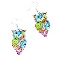 Brass Dangle Earring, Owl, brushwork, for woman & hollow, multi-colored 