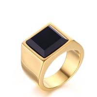 Stainless Steel Finger Ring, with Black Agate, gold color plated, polished & for man, 15mm 