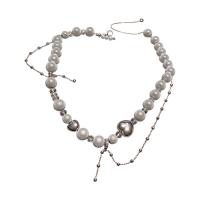 Plastic Pearl Necklace, Zinc Alloy, with Plastic Pearl, Heart, silver color plated, Korean style & for woman Approx 18.8 Inch 