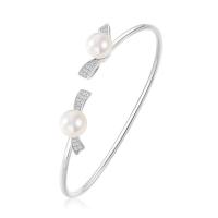 925 Sterling Silver Cuff Bangle, with Shell Pearl, Bowknot, plated, adjustable & for woman 2.3mm, 10mm, Inner Approx 57mm 