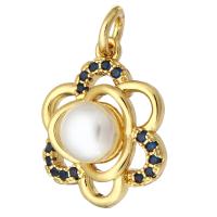 Cubic Zirconia Micro Pave Brass Pendant, with Plastic Pearl, Flower, gold color plated, micro pave cubic zirconia & hollow Approx 2mm 