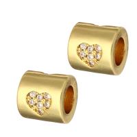 Perles grand trou en laiton, pilier, Placage de couleur d'or, avec le motif de coeur & pavé de micro zircon & creux Environ 4mm, Vendu par PC