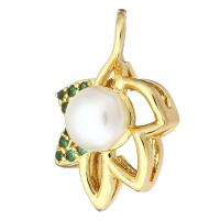 Cubic Zirconia Micro Pave Brass Pendant, with Plastic Pearl, Leaf, gold color plated, micro pave cubic zirconia & hollow Approx 3mm 