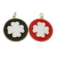 Enamel Brass Pendants, Flat Round, gold color plated, four leaf clover design Approx 3mm 