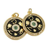 Enamel Brass Pendants, Flat Round, gold color plated, black Approx 2mm 