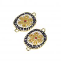 Enamel Brass Connector, with flower pattern & micro pave cubic zirconia, mixed colors, 19mm 