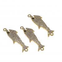 Cubic Zirconia Micro Pave Brass Connector, Fish, micro pave cubic zirconia, golden, 24mm 