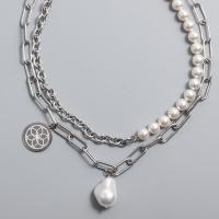 Collar de la joyería de titanio, Partículas de acero, con Perlas plásticas, cadena oval & diferentes estilos para la opción & para mujer, Vendido por Sarta