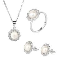 Sterling Silver Freshwater Pearl Jewelry Sets, 925 Sterling Silver, with Freshwater Pearl, with 1.96inch extender chain, Flower, platinum plated & for woman & with rhinestone Approx 15.74 Inch 