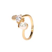 Brass Cuff Finger Ring, with Shell Pearl & Cubic Zirconia, gold color plated, for woman 