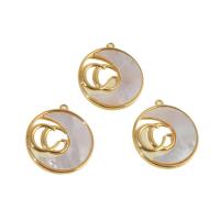 Brass Jewelry Pendants, with Shell, Round, real gold plated, golden 