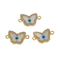 Cubic Zirconia Micro Pave Brass Connector, with Shell, Butterfly, real gold plated, evil eye pattern & micro pave cubic zirconia & enamel, golden 