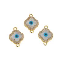 Cubic Zirconia Micro Pave Brass Connector, with Shell, Four Leaf Clover, real gold plated, evil eye pattern & micro pave cubic zirconia & enamel, golden 