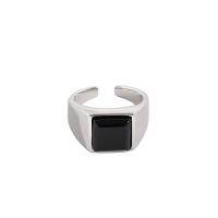 925 Sterling Silver Cuff Finger Ring, with Black Agate, Square, platinum plated, adjustable & for woman, 9.7mm, 14.4mm, US Ring 