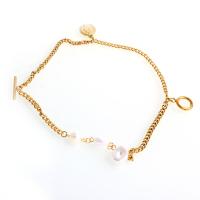 Stainless Steel Charm Bracelet, with Plastic Pearl, gold color plated, for woman Approx 12.6 Inch 