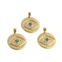 Cubic Zirconia Micro Pave Brass Pendant, Round, real gold plated, with eye pattern & micro pave cubic zirconia, golden 