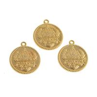 Brass Jewelry Pendants, Round, real gold plated, with flower pattern, golden 