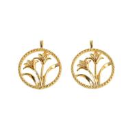 Cubic Zirconia Micro Pave Brass Pendant, Round, real gold plated, with flower pattern & micro pave cubic zirconia, golden 