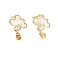 Brass Earring Drop Component, with Shell, Cloud, real gold plated, With Pendant & micro pave cubic zirconia & for woman, golden 