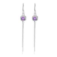 Sterling Silver Thread Through Earrings, 925 Sterling Silver, with Amethyst, plated, fashion jewelry & for woman & with cubic zirconia, purple, 85mm 