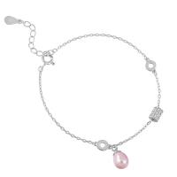Pearl Sterling Silver Bracelets, 925 Sterling Silver, with Freshwater Pearl, with 1.18inch extender chain, platinum plated, oval chain & micro pave cubic zirconia & for woman 6mm Approx 6.3 Inch 