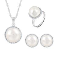 Fashion Sterling Silver Jewelry Sets, 925 Sterling Silver, Stud Earring & finger ring & necklace, with Shell Pearl, with 1.96inch extender chain, Round, platinum plated, three pieces & for woman & with rhinestone 12mm, US Ring  Approx 17.7 Inch 