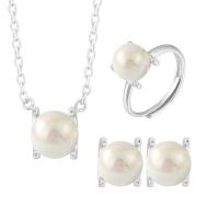 Fashion Sterling Silver Jewelry Sets, 925 Sterling Silver, Stud Earring & finger ring & necklace, with Shell Pearl, with 1.96inch extender chain, Round, platinum plated, three pieces & for woman 8mm, US Ring  Approx 17.7 Inch 