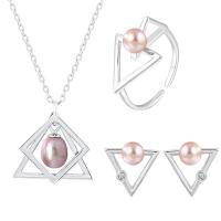 Sterling Silver Freshwater Pearl Jewelry Sets, 925 Sterling Silver, with Freshwater Pearl, with 1.96inch extender chain, Geometrical Pattern, platinum plated, three pieces & for woman & hollow 5.5mm, US Ring  Approx 17.7 Inch 