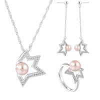 Sterling Silver Freshwater Pearl Jewelry Sets, 925 Sterling Silver, finger ring & earring & necklace, with Freshwater Pearl, Star, platinum plated, three pieces & for woman & with rhinestone & hollow US Ring  Approx 17.7 Inch 