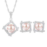 Sterling Silver Freshwater Pearl Jewelry Sets, 925 Sterling Silver, Stud Earring & necklace, with Freshwater Pearl, with 1.96inch extender chain, Square, platinum plated, 2 pieces & for woman & with rhinestone & hollow Approx 17.7 Inch 