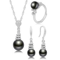 Fashion Sterling Silver Jewelry Sets, 925 Sterling Silver, finger ring & earring & necklace, with Shell Pearl, with 1.96inch extender chain, Round, platinum plated, three pieces & for woman & with rhinestone, 27mm, 30.4mm, 8mm, US Ring  Approx 17.7 Inch 