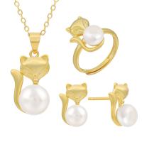 Sterling Silver Freshwater Pearl Jewelry Sets, 925 Sterling Silver, Stud Earring & finger ring & necklace, with Freshwater Pearl, with 1.96inch extender chain, Fox, plated, three pieces & for woman US Ring  Approx 17.7 Inch 