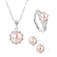 Sterling Silver Freshwater Pearl Jewelry Sets, 925 Sterling Silver, Stud Earring & finger ring & necklace, with Freshwater Pearl, platinum plated, three pieces & for woman US Ring  Approx 17.7 Inch 