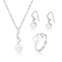 Sterling Silver Freshwater Pearl Jewelry Sets, 925 Sterling Silver, finger ring & earring & necklace, with Freshwater Pearl, with 1.96inch extender chain, platinum plated, three pieces & for woman 7.9mm, US Ring  Approx 15.74 Inch 