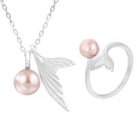 Sterling Silver Freshwater Pearl Jewelry Sets, 925 Sterling Silver, finger ring & necklace, with Freshwater Pearl, with 1.96inch extender chain, Mermaid tail, platinum plated, 2 pieces & for woman US Ring  Approx 17.7 Inch 