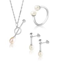 Sterling Silver Freshwater Pearl Jewelry Sets, 925 Sterling Silver, Stud Earring & finger ring & necklace, with Freshwater Pearl, with 1.96inch extender chain, platinum plated, three pieces & for woman  2mm, US Ring  Approx 15.7 Inch 